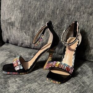 Betsey Johnson Black Heels with Multicolor Gems